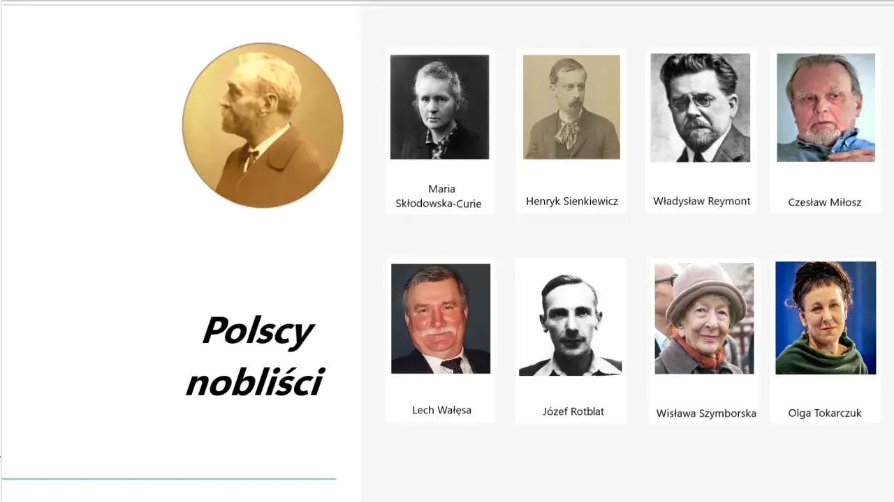 Polscy nobliści: Maria Skłodowska-Curie, Henryk Sienkiewicz, Władysław Reymont, Czesław Miłosz, Lech Wałęsa, Józef Rotblat, Wisława Szymborska, Olga Tokarczuk. Ile nagród Nobla ma Polska?