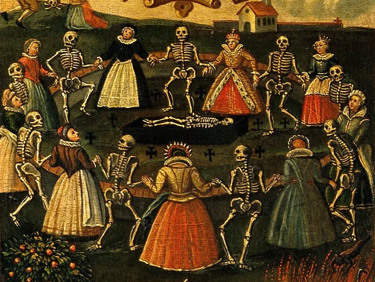 Taniec śmierci, danse macabre. Szkielety wiodą do tańca ludzi w strojach z epoki, symbolizując nieuchronność śmierci dla wszystkich.