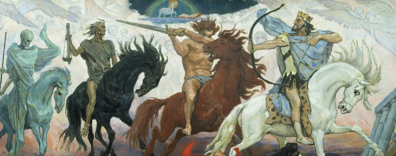 Czterej jeźdźcy Apokalipsy galopują, zapowiadając nadejście niebiańskiej jerozolimy.