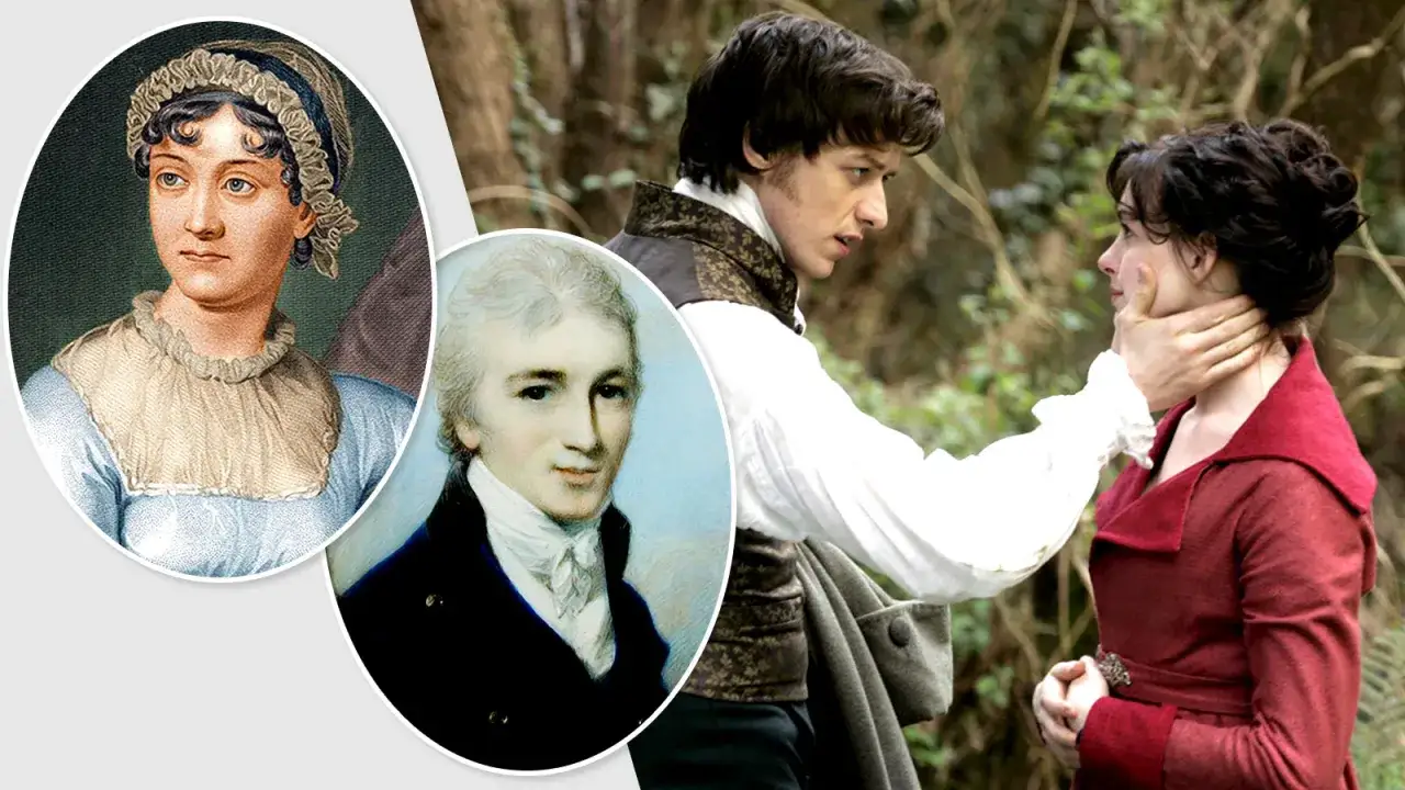 Jane Austen ciekawostki: portrety pisarki i jej brata, a także scena z ekranizacji jej powieści.