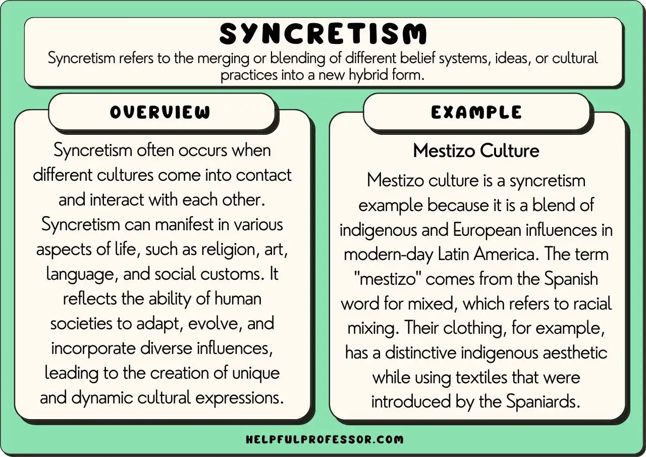 Synkretyzm w literaturze: połączenie kultur, jak w kulturze Mestizo, gdzie rdzenne i europejskie wpływy tworzą nową formę.