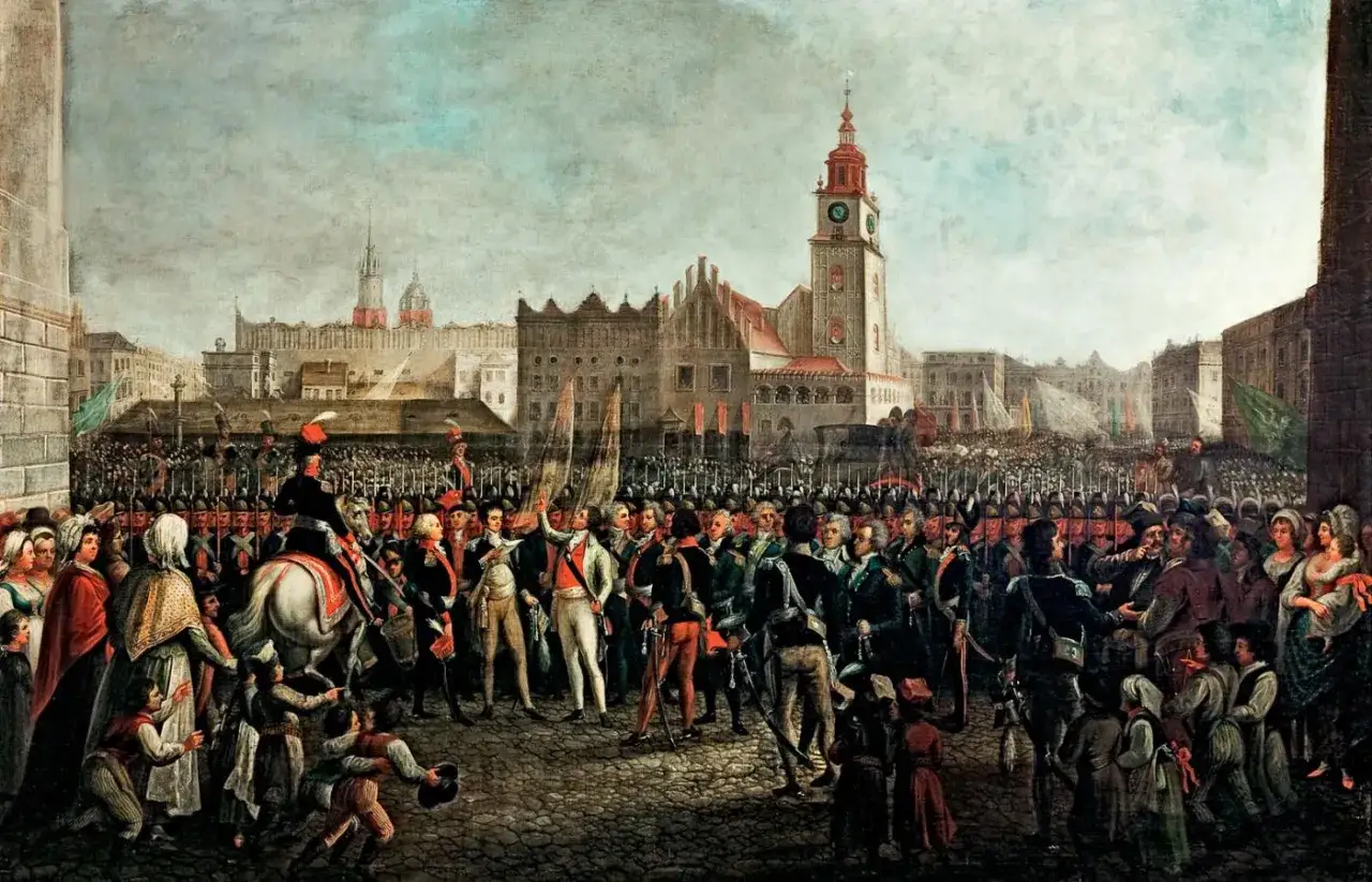 Tadeusz Kościuszko obraz: scena historyczna z tłumem ludzi i żołnierzy na tle miasta.