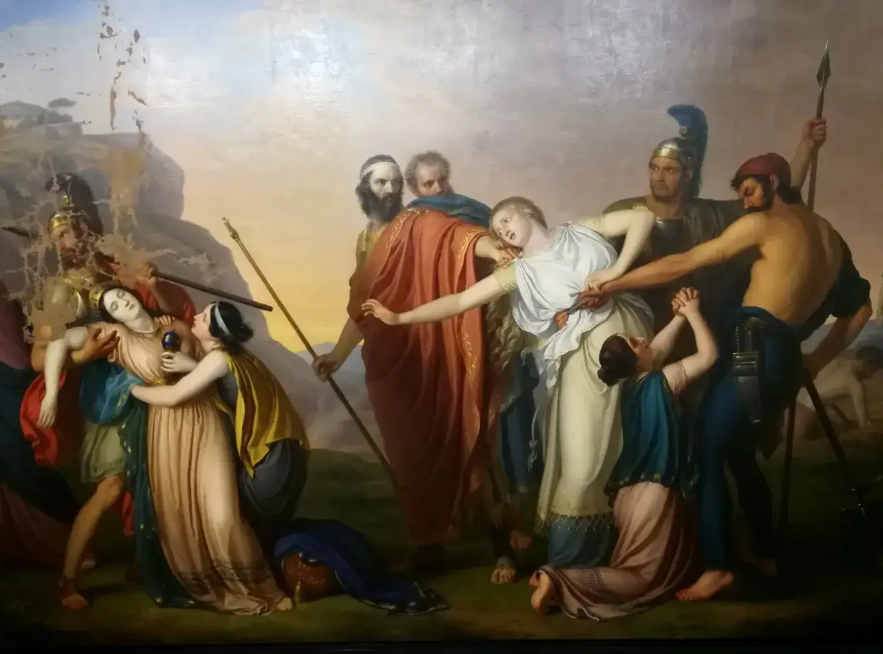Scena przedstawia porwanie Sabinek, symbolizujące motyw buntu w literaturze. Mężczyźni siłą zabierają kobiety, które walczą o wolność.