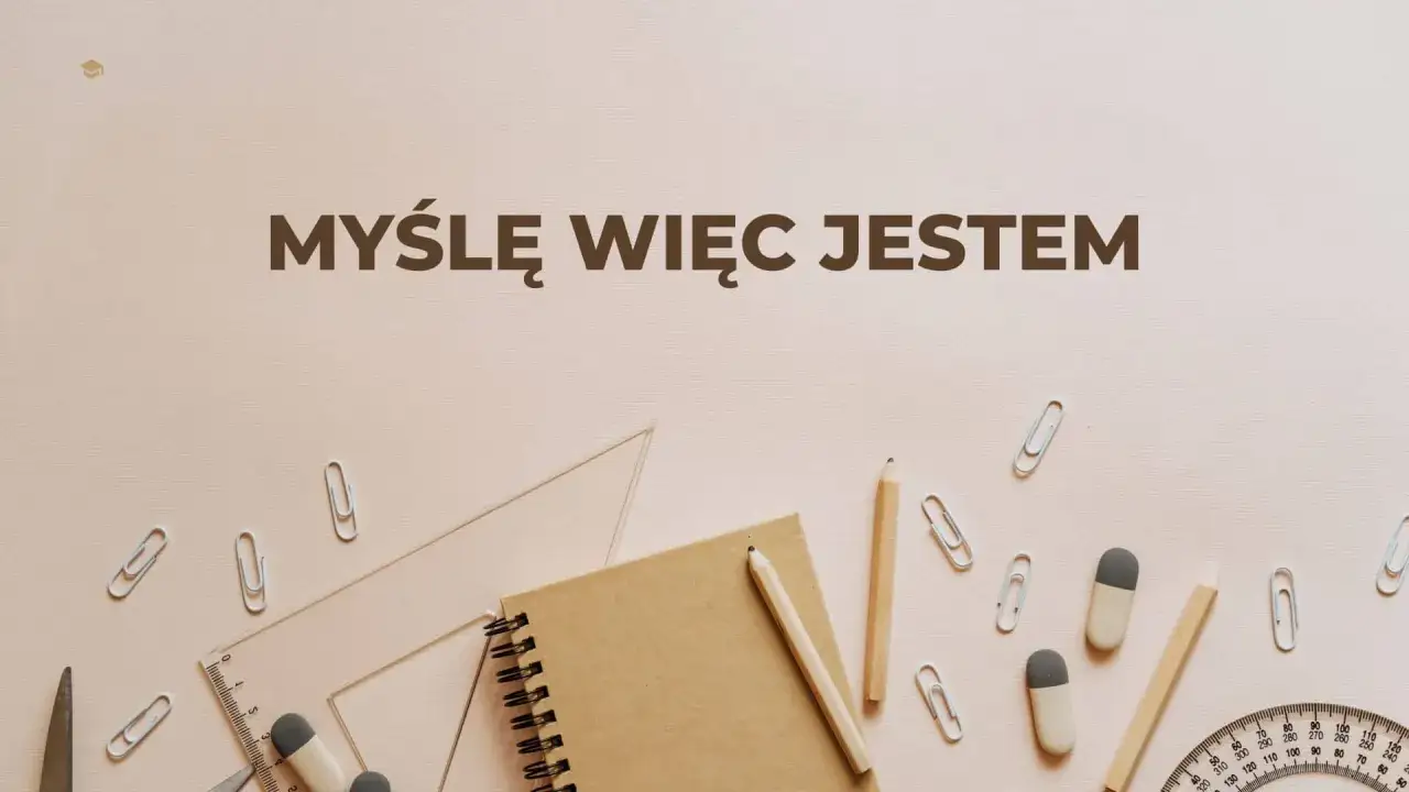 Na tle przyborów szkolnych, takich jak ołówki, linijka i spinacze, widnieje napis