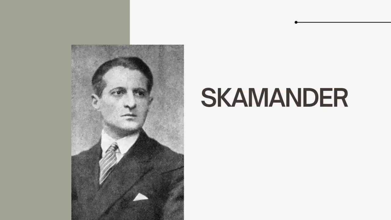 Portret mężczyzny w garniturze, obok napis SKAMANDER.