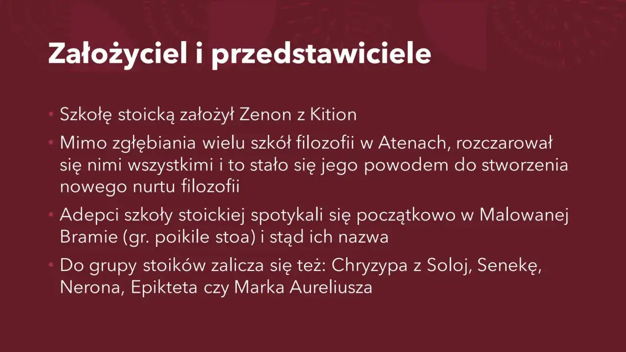 Zenon z Kition założył szkołę stoicką. W przeciwieństwie do epikureizmu, stoicyzm skupiał się na cnocie i rozumie.