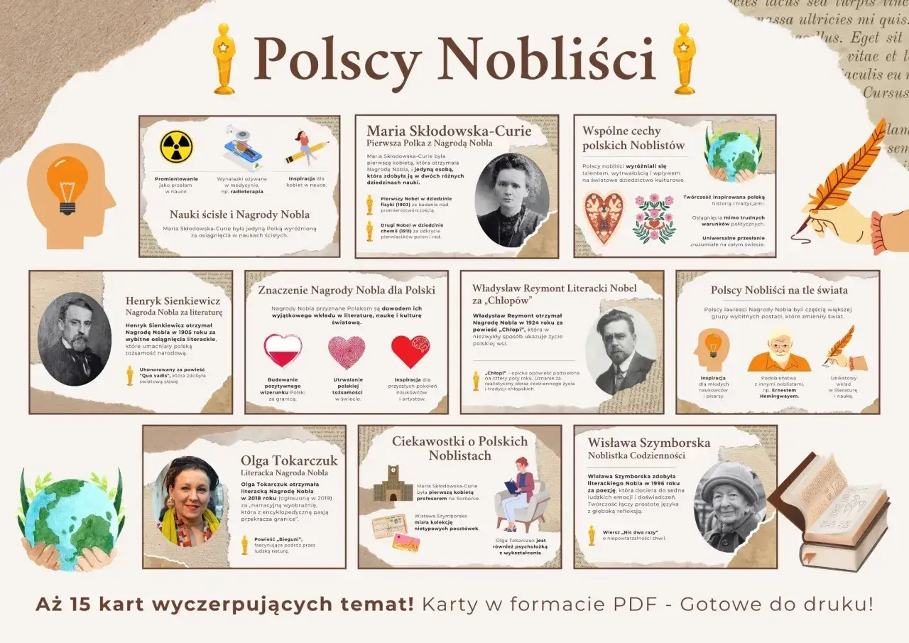 Polska ma 15 laureatów Nagrody Nobla, w tym Marię Skłodowską-Curie, Henryka Sienkiewicza i Olgę Tokarczuk.