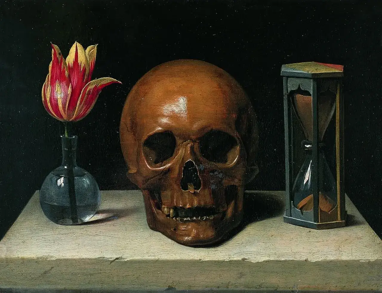 Czas przemija, piękno więdnie. Czaszka, tulipan i klepsydra przypominają: vanitas vanitatum et omnia vanitas.