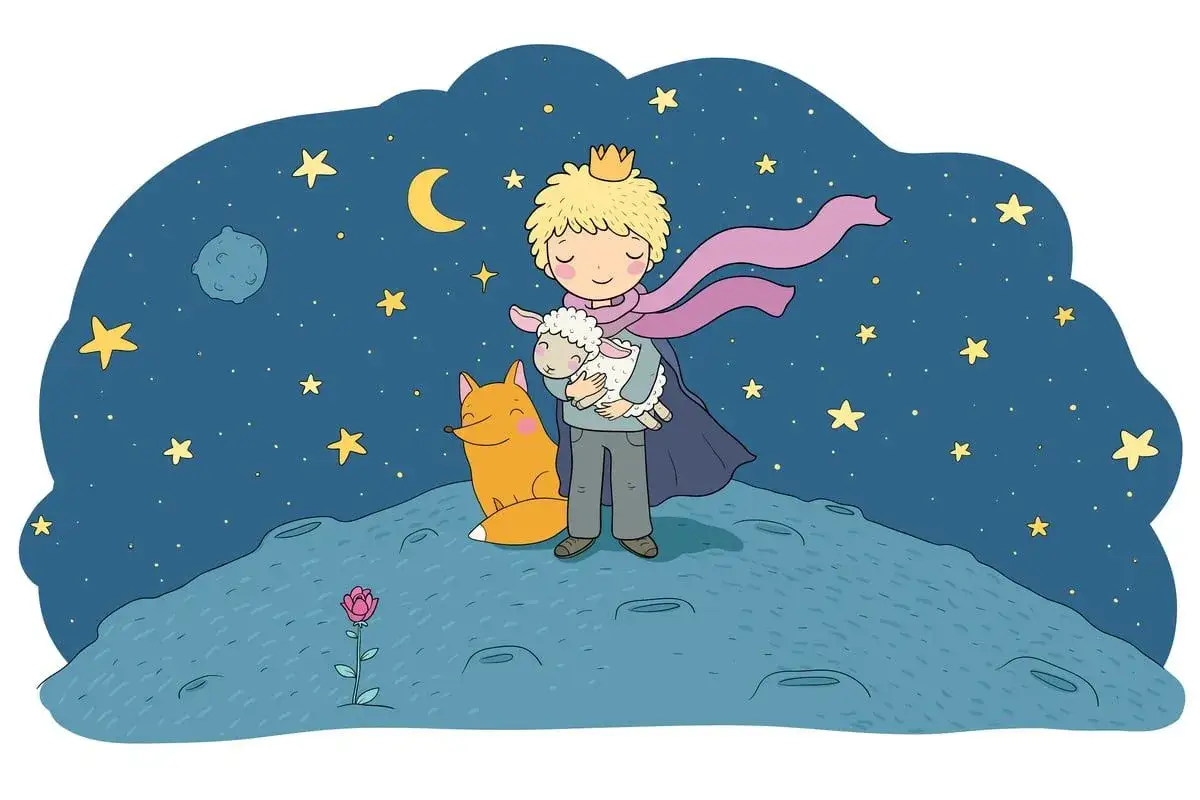 Mały Książę z lisem i barankiem na tle nocnego nieba. Ilustracja przypomina cytaty o przyjaźni i miłości.