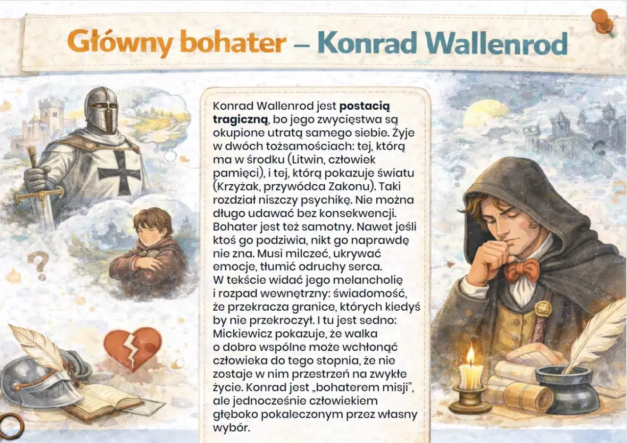 Konrad Wallenrod, tragiczny bohater, żyje w rozdarciu między tożsamościami. Jego walka o dobro wspólne prowadzi do głębokiego okaleczenia.