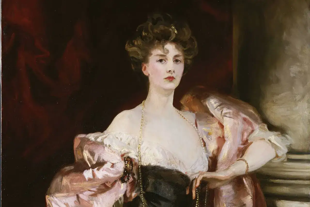 Portret damy z epoki, być może bohaterki powieści Henry'ego Jamesa, w eleganckiej sukni i perłach.
