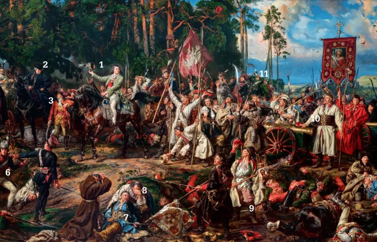 Tadeusz Kościuszko na obrazie Jana Matejki, otoczony przez walczących Polaków, symbolizuje ducha walki o wolność.