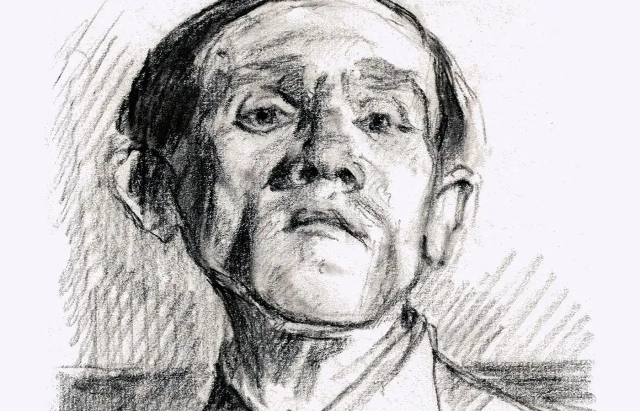 Portret Bruna Schulza, szkic ołówkiem. Jego twarz, pełna zmarszczek, zdaje się opowiadać historię z jego biografii.