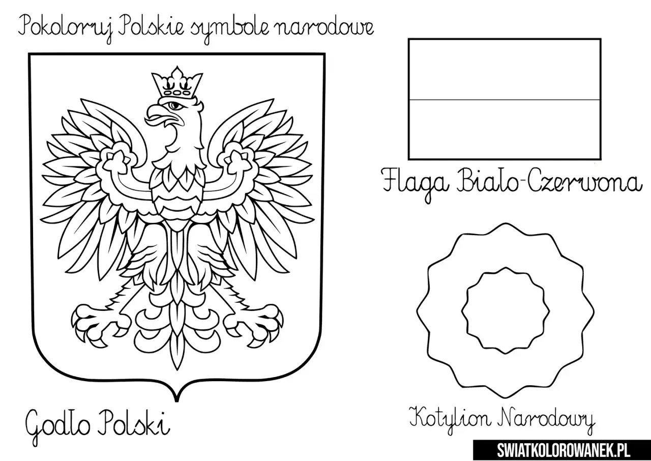 Kolorowanka z polskimi symbolami narodowymi: godło Polski, biało-czerwona flaga i kotylion.
