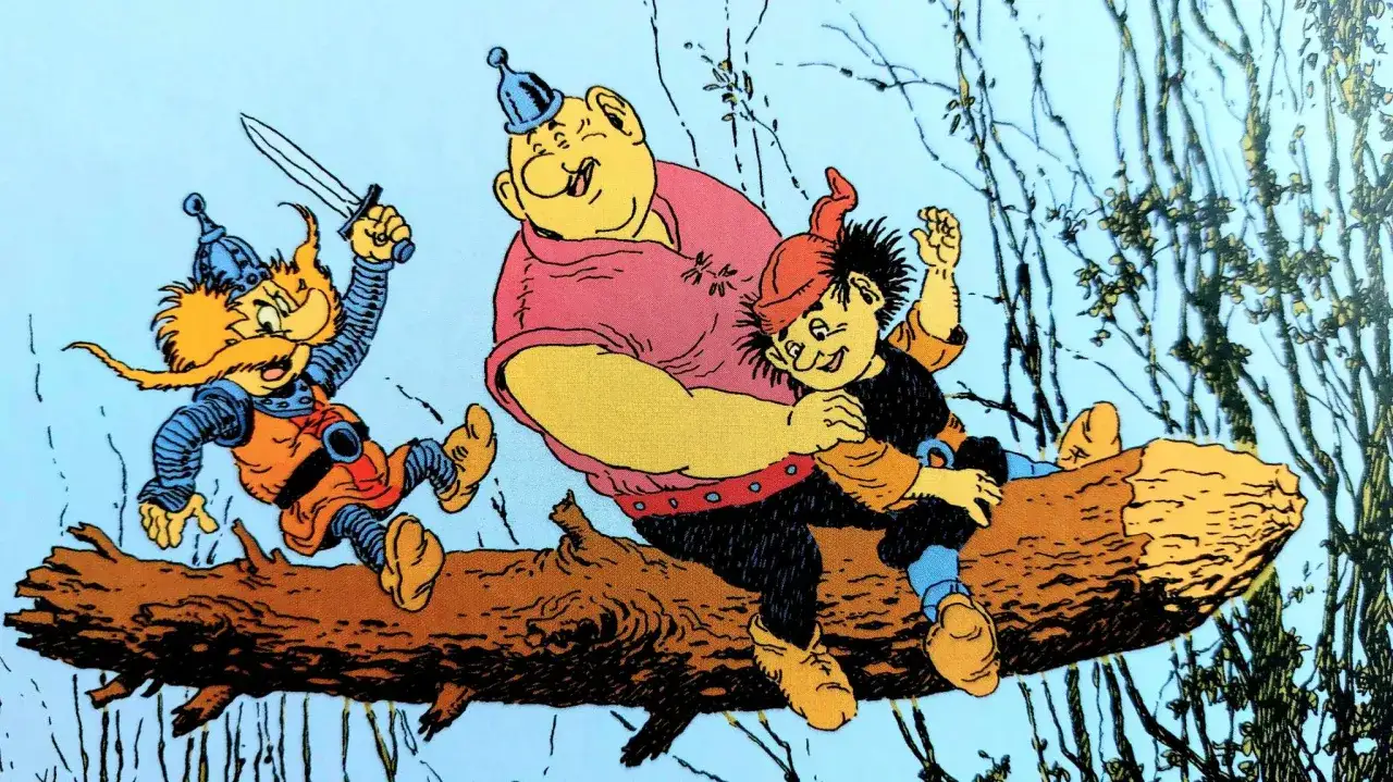 Kajko i Kokosz szkoła latania streszczenie: Kajko i Kokosz na pniu, wesoło machają. Wielki, różowy przyjaciel trzyma Kokosza, a Kajko z mieczem skacze.