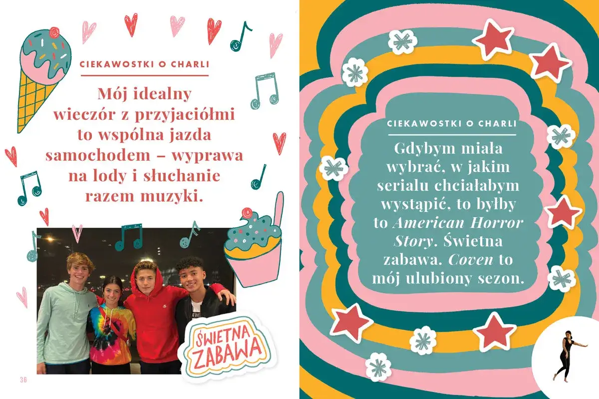 Charli D'Amelio w książce o sobie. Na lewej stronie opis jej idealnego wieczoru, na prawej o ulubionym serialu.