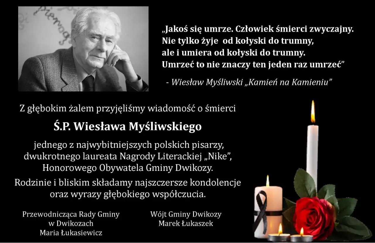 Portret Wiesława Myśliwskiego, pisarza, z cytatem o życiu i śmierci. Kondolencje dla rodziny.