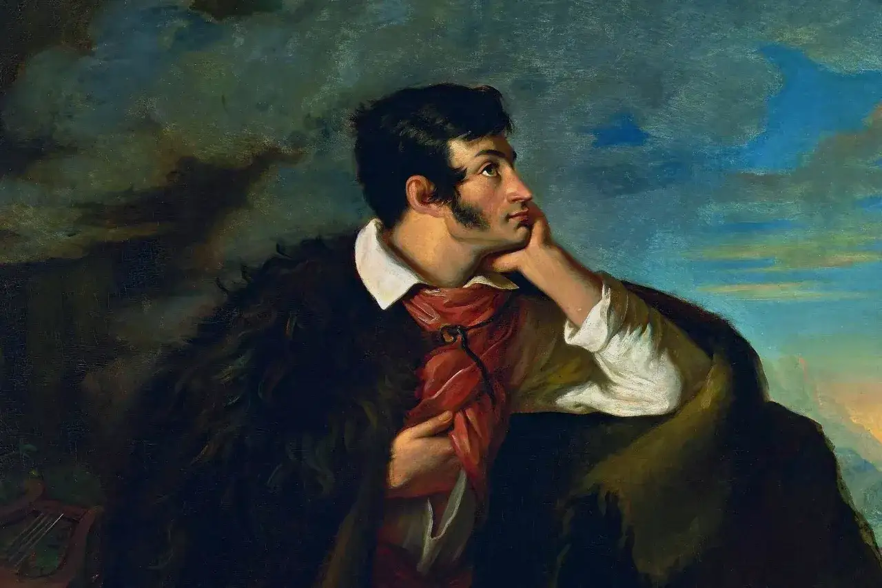 Portret młodego mężczyzny zamyślonego nad wierszami Adama Mickiewicza.