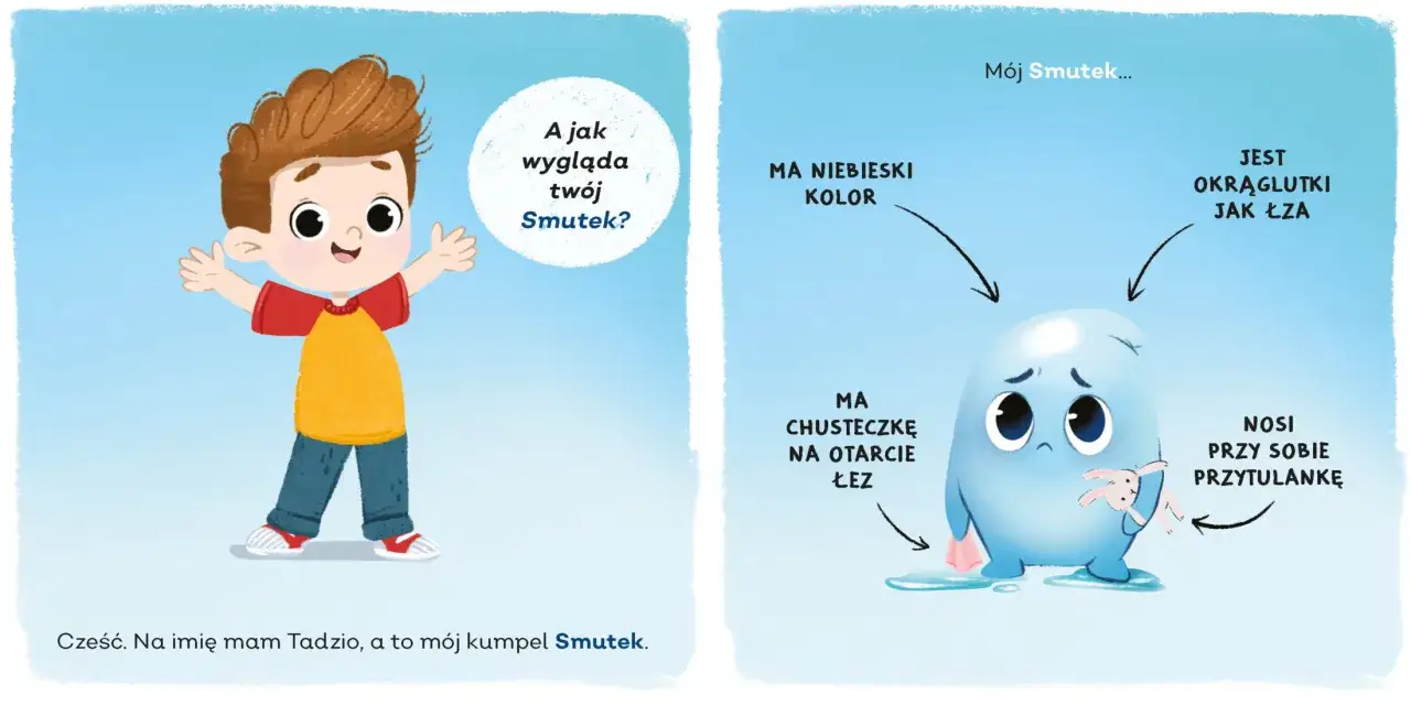 Chłopiec Tadzio przedstawia swojego przyjaciela Smutka, który jest niebieski, okrągły jak łza, ma chusteczkę i przytulankę.