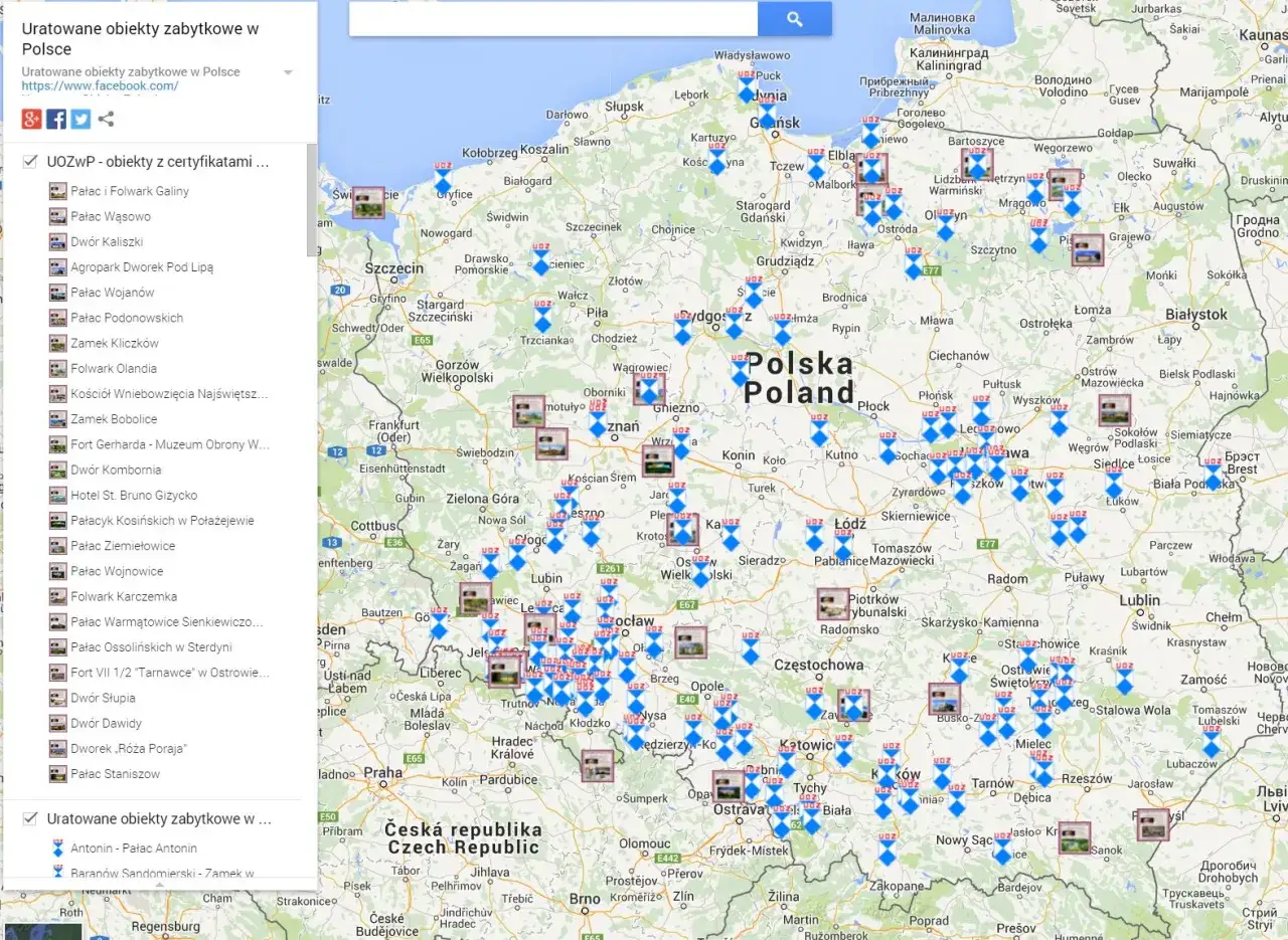 Mapa Polski z zaznaczonymi zabytkami. W lewym panelu lista uratowanych obiektów, m.in. Pałac w Rogalinie.