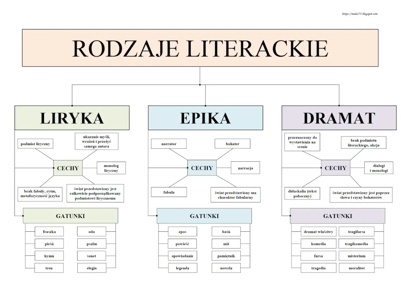Liryka: cechy to podmiot liryczny, monolog, ukazanie myśli i uczuć autora. Gatunki: fraszka, oda, pieśń, hymn, tren, sonet, psalm, elegia.