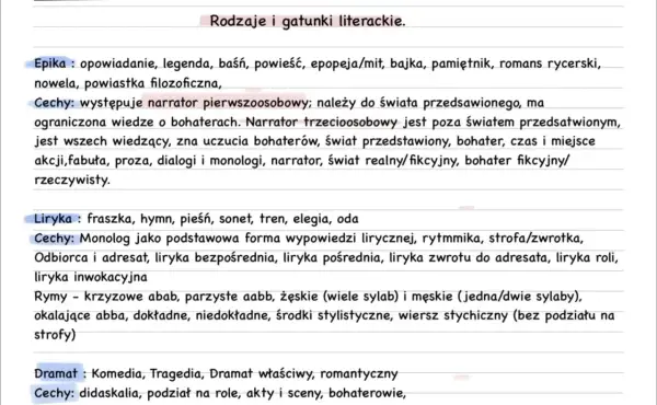 Podział na gatunki literackie: epika, liryka, dramat. Opis cech i przykładów dla każdego z nich.