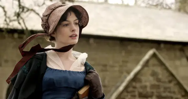 Kobieta w stroju z epoki, z książką w dłoni, przypomina bohaterkę powieści Jane Austen. Ciekawe, jakie tajemnice skrywa ta historia?