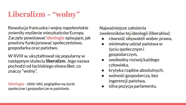 Liberalizm, czyli wolność, to ideologia z XVIII w. promująca równość, swobodny rozwój człowieka i wolność gospodarczą.