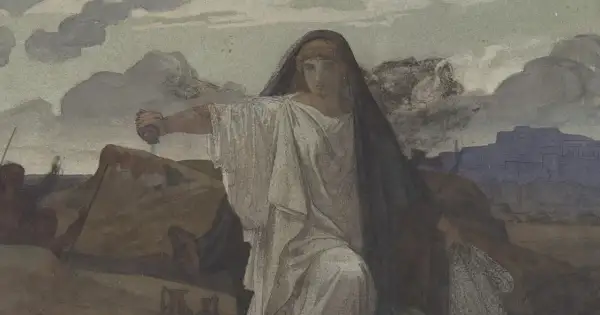 Antygona, symbol tragizmu w antyku, z mieczem w dłoni, w żałobnej szacie.