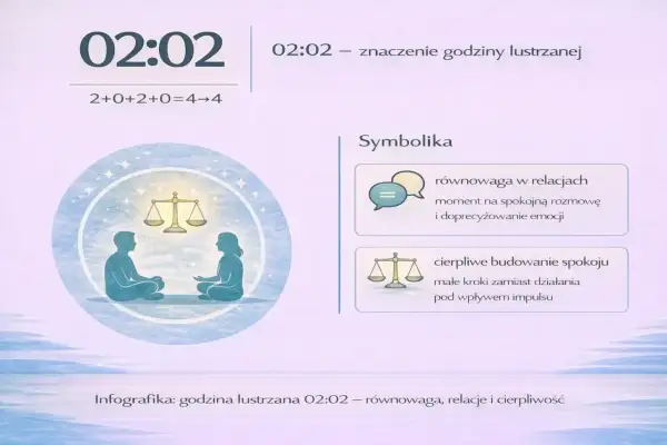Godzina lustrzana 02:02 symbolizuje równowagę w relacjach i cierpliwe budowanie spokoju.