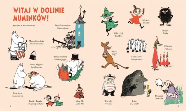 Witaj w Dolinie Muminków! Ilustracja przedstawia znane muminki postacie: Muminka, Mamę Muminka, Tatę Muminka, Włóczykija, Paszczaka i inne.