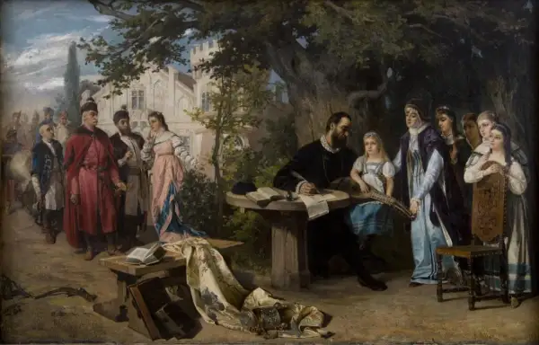 Poeta doctus pisze w otoczeniu dworu i muzyki. Grupa ludzi w strojach z epoki przygląda się scenie.