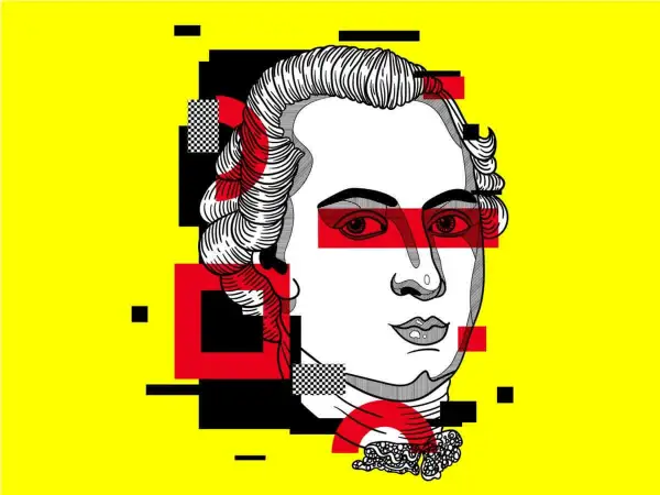 Portret z geometrycznymi elementami, jakby z wizji sądu ostatecznego. Czerwone pasy na oczach i czarno-biała szachownica dodają dramatyzmu.