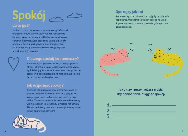 Pamflet o tym, co to spokój, jak go rozpoznać i dlaczego jest ważny. Ilustracje kotów mruczących dla spokoju.