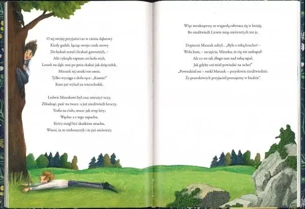 Ilustracja do wierszy Adama Mickiewicza. Chłopiec leży na trawie, a nad nim wisi chłopiec na drzewie.