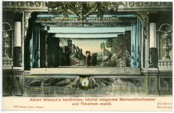 Scena teatru lalek Alberta Wünscha, eleganckie theatrum mundi z zamkiem i postacią.