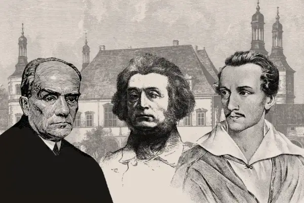 Portret Stefana Żeromskiego i dwóch innych postaci na tle zabytkowego budynku.