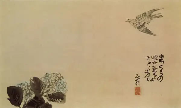 Ptak w locie nad hortensją, obok kaligrafii, która może być japońską formą poetycką.