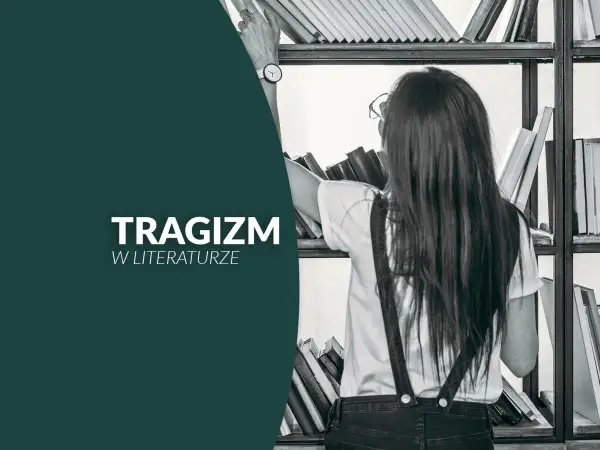 Dziewczyna szuka w bibliotece książek, które ukazują, jak literatura antyczna przedstawia tragizm ludzkiego losu.
