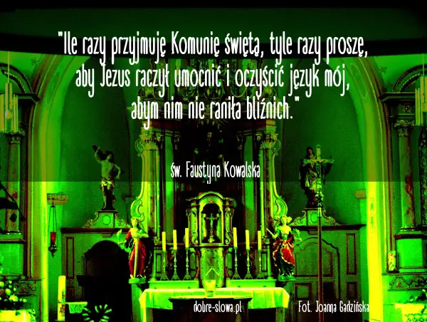 Piękne cytaty na komunię od św. Faustyny Kowalskiej. Wnętrze kościoła z ołtarzem i figurami świętych.