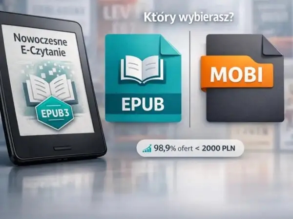 E-czytnik z napisem "Nowoczesne E-Czytanie" i logo EPUB3, obok ikony formatu EPUB i MOBI. Który wybierasz?