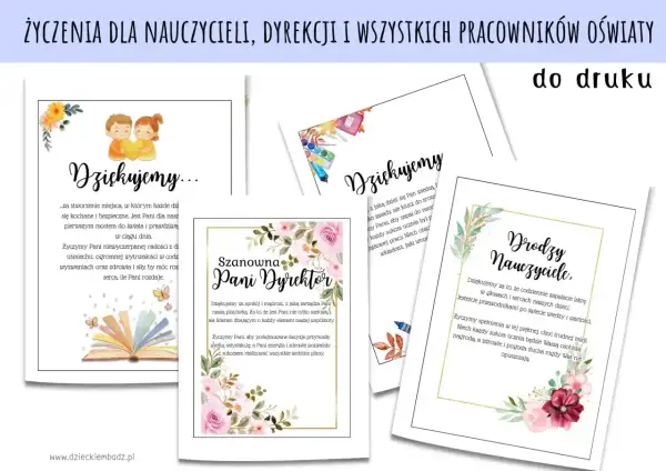 Fajne cytaty na podziękowanie dla nauczycieli i dyrekcji. Kartki z życzeniami i grafikami kwiatów, dzieci, książek.