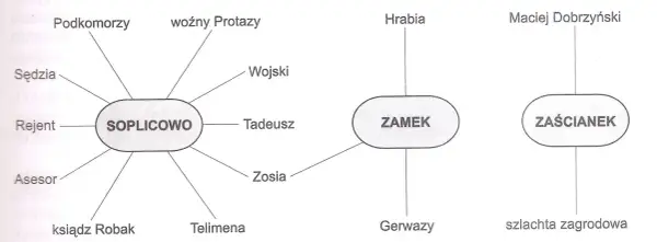 Schemat przedstawia pan tadeusz bohaterowie: Soplicowo (Tadeusz, Sędzia, Podkomorzy, Woźny Protazy, Rejent, Asesor, Ksiądz Robak, Telimena, Zosia), Zamek (Hrabia, Gerwazy) i Zaścianek (Maciej Dobrzyński, szlachta zagrodowa).