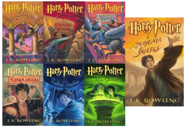 Kolejne harry potter części: Kamień Filozoficzny, Komnata Tajemnic, Więzień Azkabanu, Czara Ognia, Zakon Feniksa, Książę Półkrwi, Insygnia Śmierci.