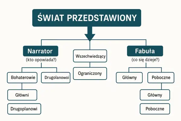 Schemat świata przedstawionego w epice: narrator (bohaterowie, wszechwiedzący, ograniczony) i fabuła (główna, poboczna).