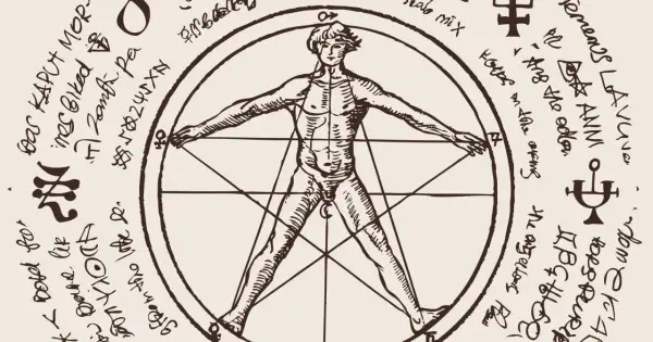 Człowiek witruwiański wpisany w okrąg i gwiazdę pięcioramienną (pentagram), otoczony tajemniczymi symbolami i pismem.