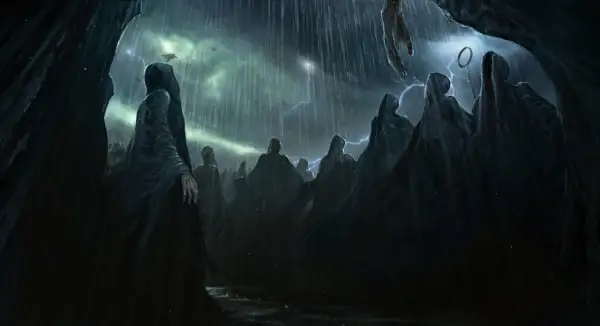 Mroczne postacie w kapturach, przypominające Dementorów z Azkabanu, stoją w deszczu pod burzowym niebem.