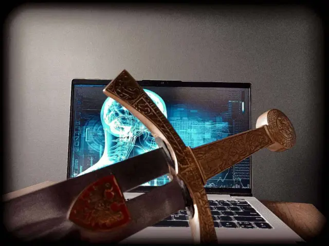 Miecz krzyżuje się na laptopie z obrazem mózgu. Symbolizuje to starcie średniowiecznego etosu rycerskiego z nowoczesną technologią.