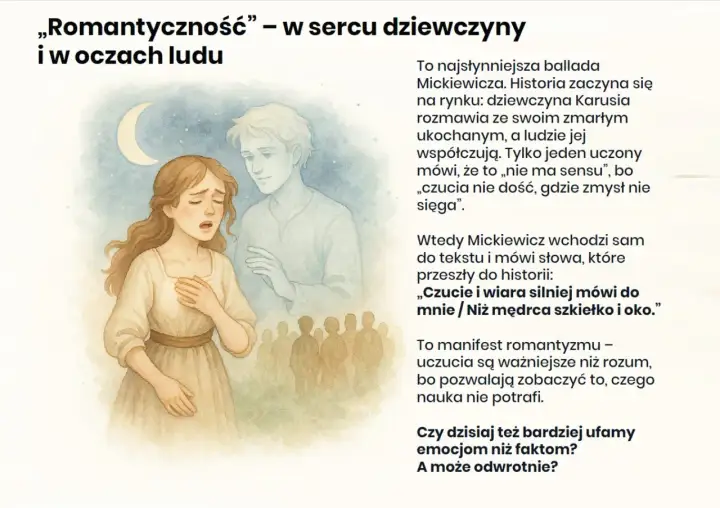Ilustracja do ballady Mickiewicza "Romantyczność". Dziewczyna wpatrzona w księżyc, obok niej duch ukochanego.